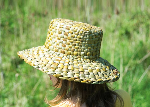 Hat woven from rushes, by Felicity Irons of Rush Matters