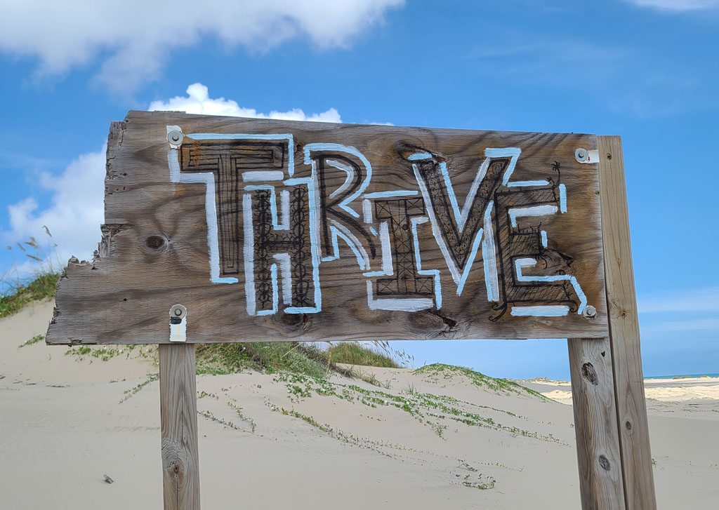 Sign on beach that reads: 'Thrive' - The Power Decade: How to Thrive After Menopause by Susan Saunders