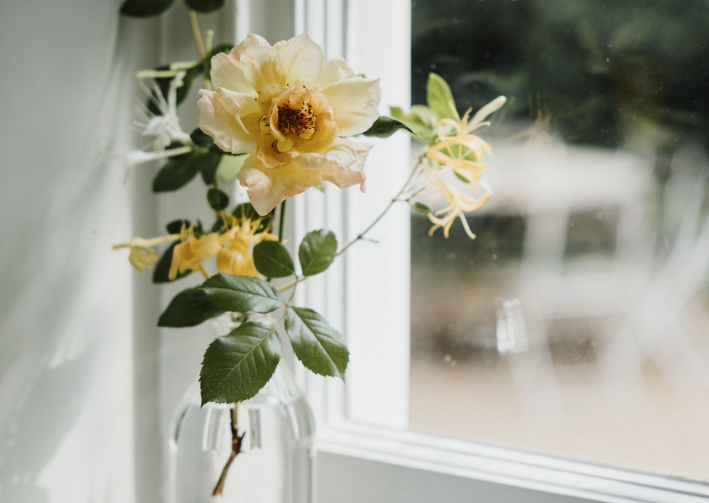 Roses and honeysuckle in a vase on a windowsill